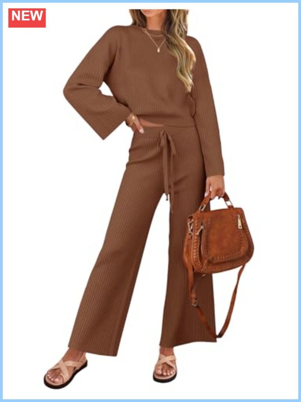 Two Piece Knit Sweater Set Cropped Pullover Wide Leg Pants Lounge Outfit